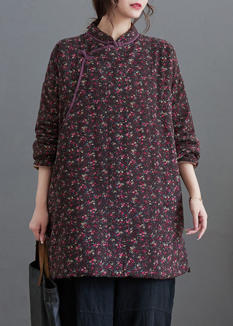 Plus Size Vintage Lilla Print Stand Krave Fin Bomuld Fyldt Top Vinter