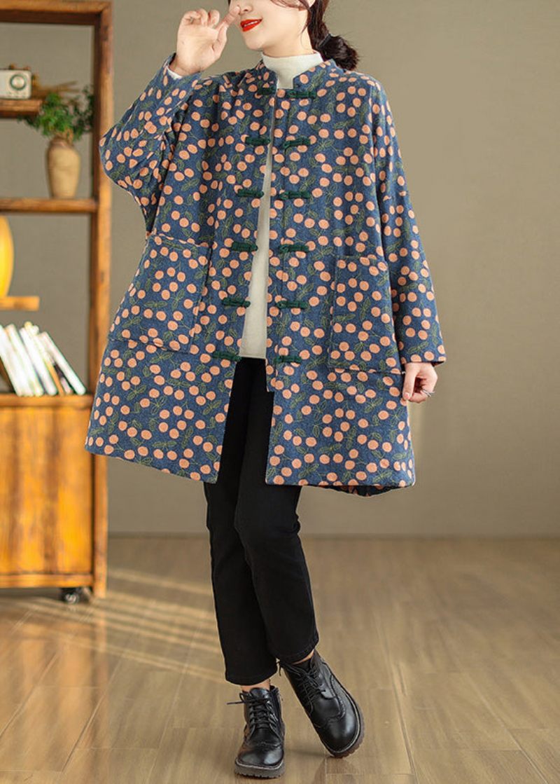 Plus Size Vintage Print Lommer Kinesisk Button Fin Bomuld Fyldt Frakke Vinter