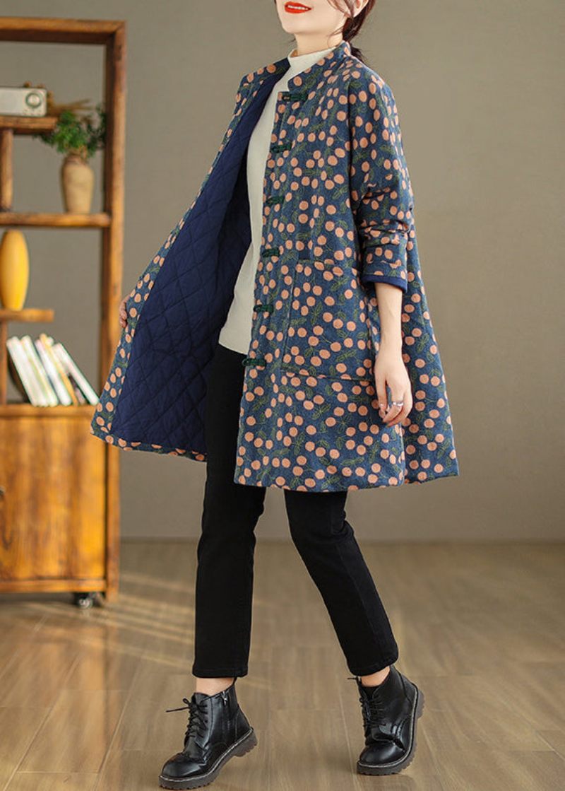 Plus Size Vintage Print Lommer Kinesisk Button Fin Bomuld Fyldt Frakke Vinter - Dame dunjakker