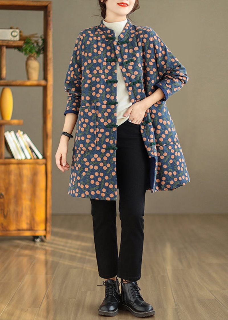 Plus Size Vintage Print Lommer Kinesisk Button Fin Bomuld Fyldt Frakke Vinter - Dame dunjakker