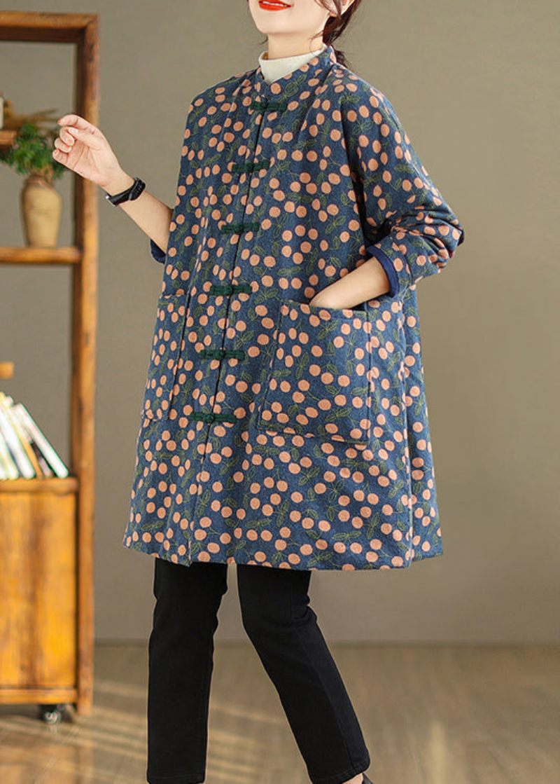 Plus Size Vintage Print Lommer Kinesisk Button Fin Bomuld Fyldt Frakke Vinter - Dame dunjakker
