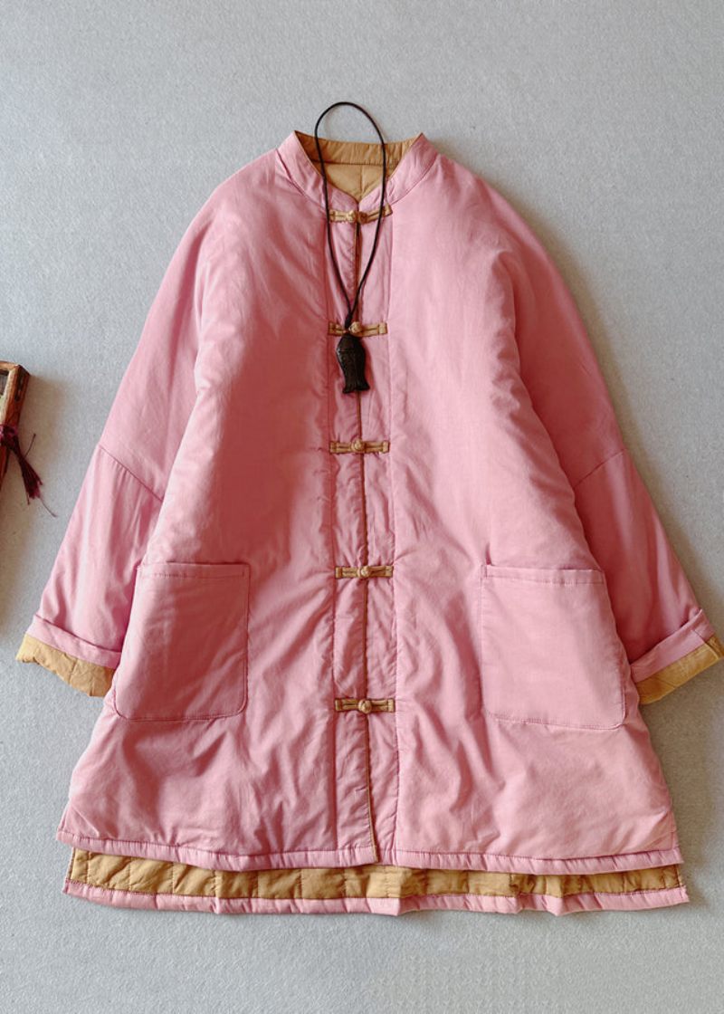 Retro Pink Stand Kravelommer Fin Bomuld Fyldt Plus Size Frakke Vinter - Dame dunjakker
