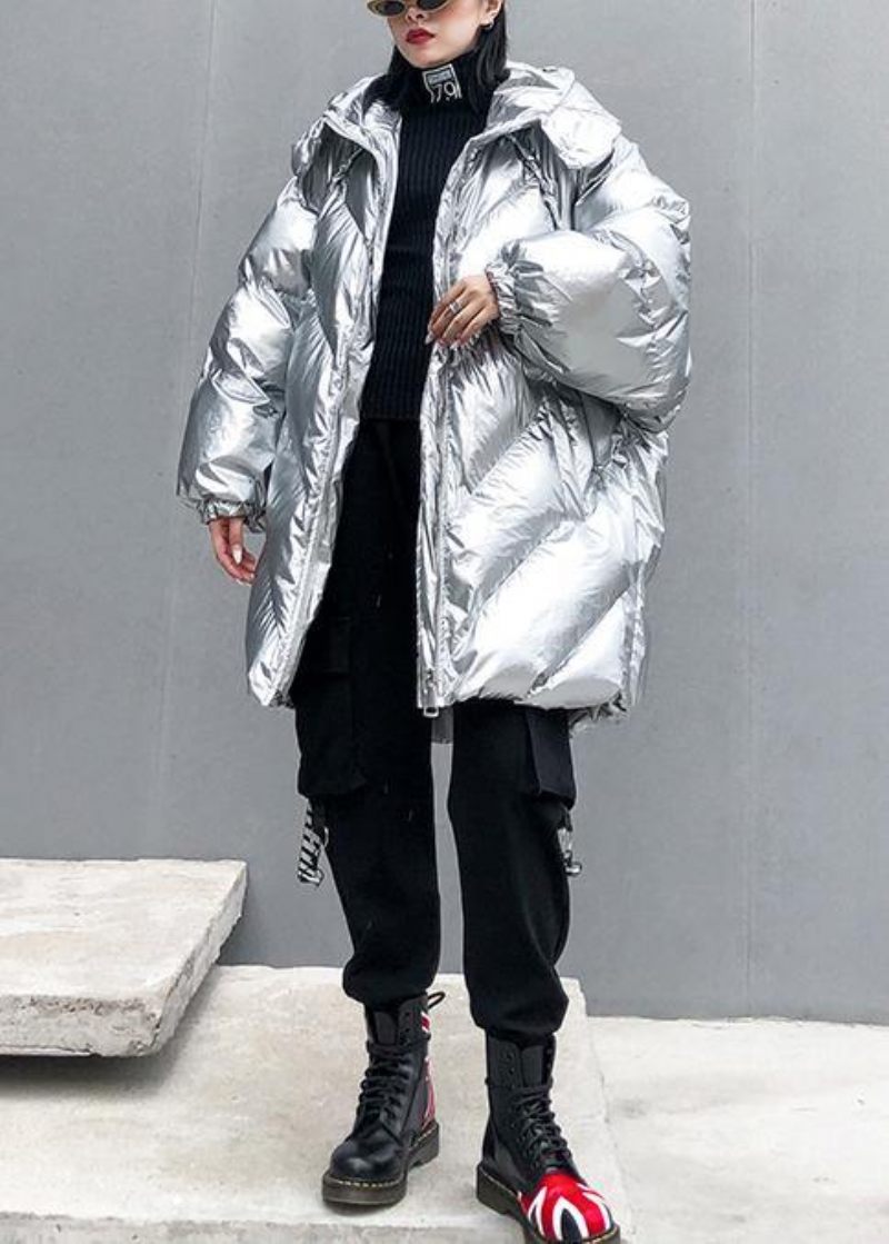 Sølv Parkaer Til Kvinder Oversized Dunjakke Vinter Outwear Hætte