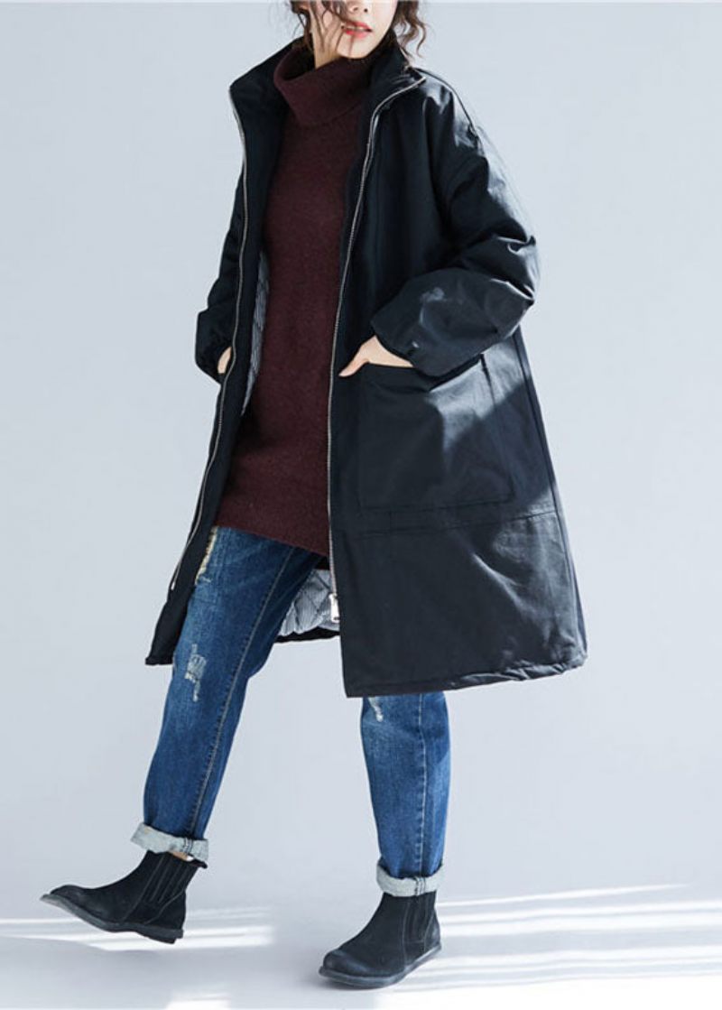 Sort Lynlås Tyk Varm Parka Vinter - Sort