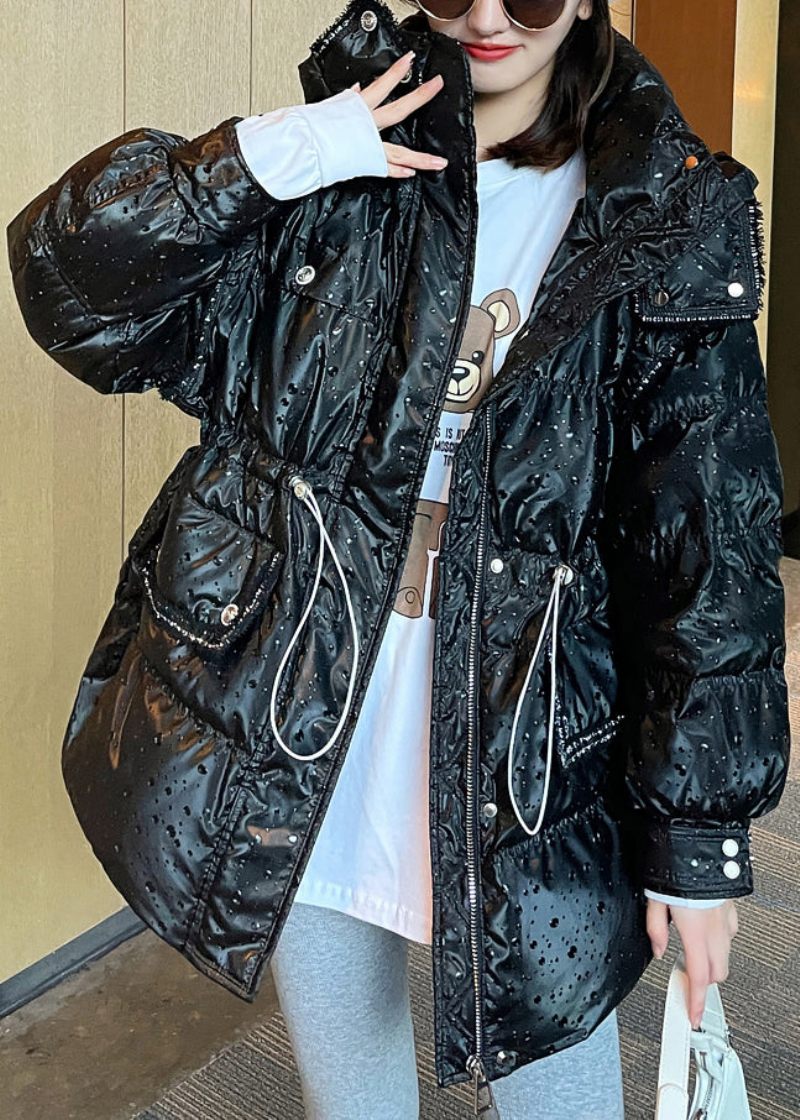 Sort Snøre Patchwork Aftageligt Ærme Duck Down Puffer Coat Zip Up Langærmet - Dame dunjakker