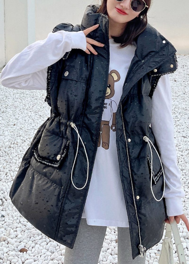 Sort Snøre Patchwork Aftageligt Ærme Duck Down Puffer Coat Zip Up Langærmet - Dame dunjakker
