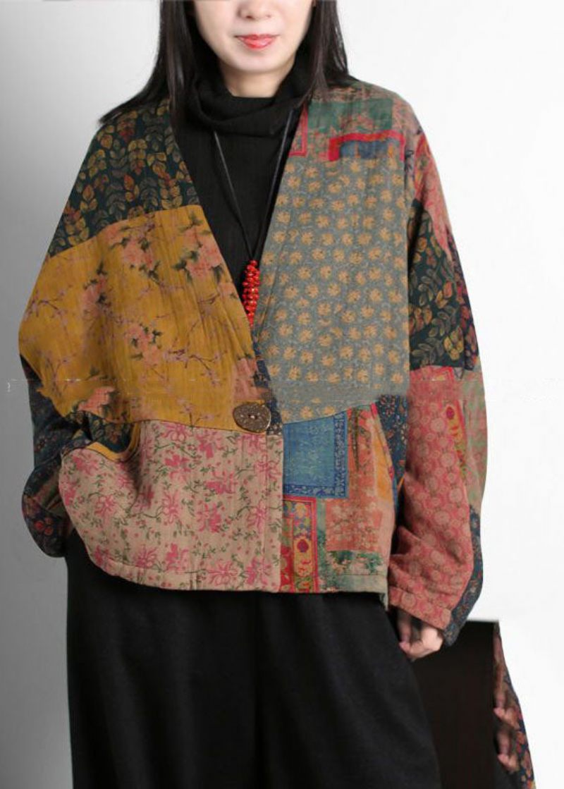 Vintage Colorblock V-hals Patchwork Print Fine Bomuldsfyldte Frakker Batwing Sleeve