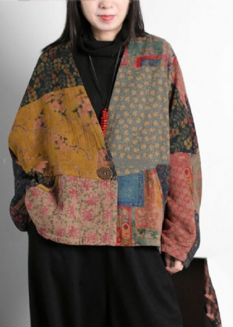 Vintage Colorblock V-hals Patchwork Print Fine Bomuldsfyldte Frakker Batwing Sleeve
