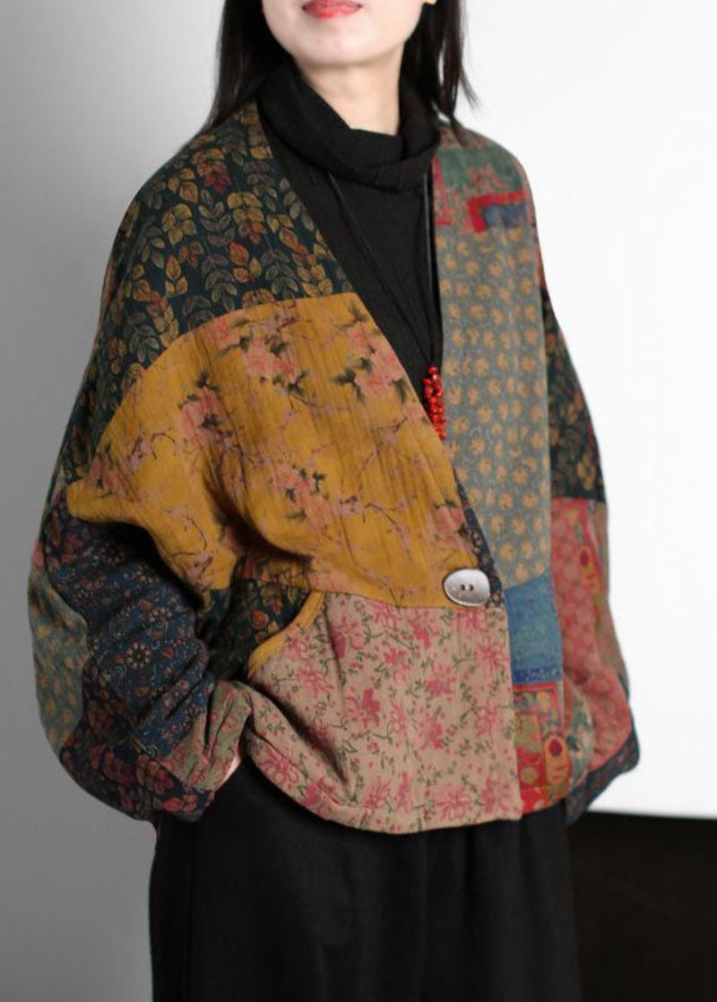 Vintage Colorblock V-hals Patchwork Print Fine Bomuldsfyldte Frakker Batwing Sleeve - Dame dunjakker