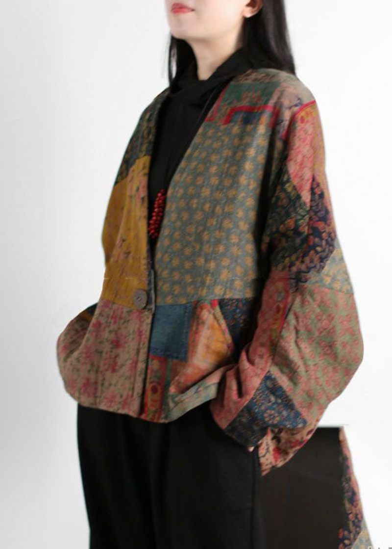 Vintage Colorblock V-hals Patchwork Print Fine Bomuldsfyldte Frakker Batwing Sleeve - Dame dunjakker