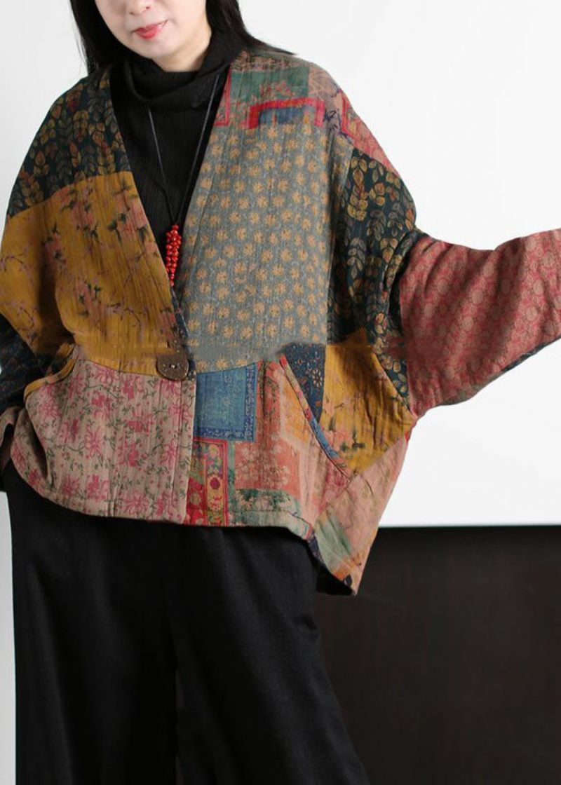 Vintage Colorblock V-hals Patchwork Print Fine Bomuldsfyldte Frakker Batwing Sleeve - Dame dunjakker