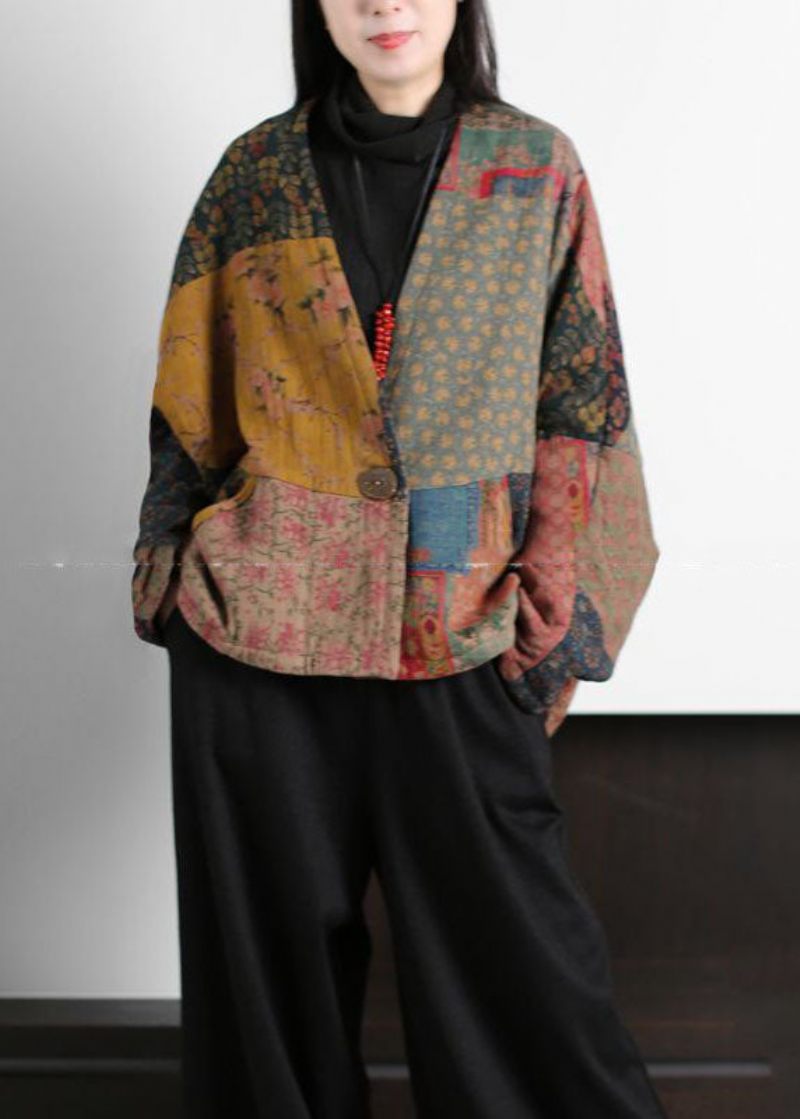 Vintage Colorblock V-hals Patchwork Print Fine Bomuldsfyldte Frakker Batwing Sleeve - Dame dunjakker