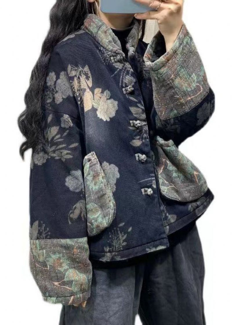 Vintage Navy Lommer Print Fine Bomuld Fyldt Denim Jakke Spring - Dame dunjakker