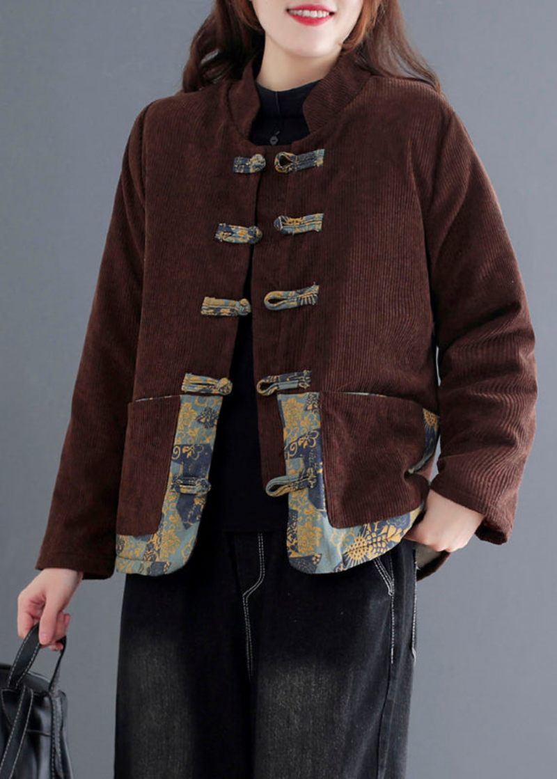 Vintage Orange Print Patchwork Lommer Tykke Corduroy Parka Fall - Orange