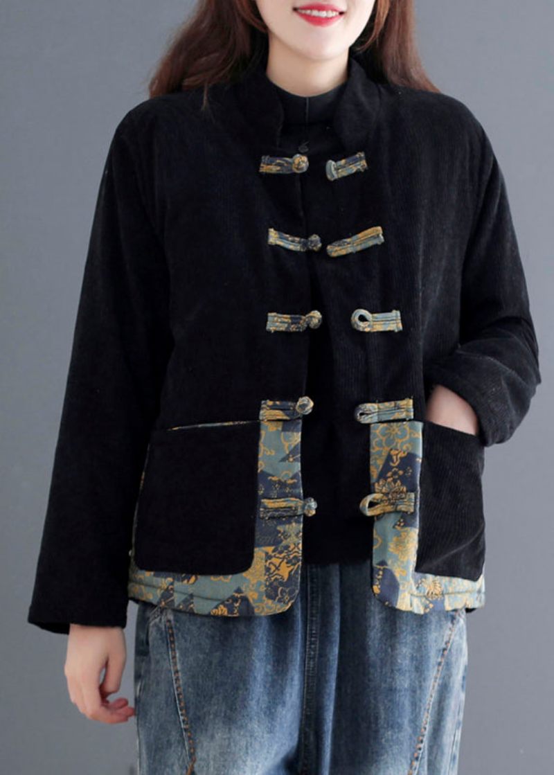 Vintage Orange Print Patchwork Lommer Tykke Corduroy Parka Fall - Orange