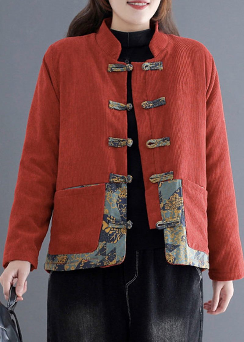 Vintage Orange Print Patchwork Lommer Tykke Corduroy Parka Fall - Orange