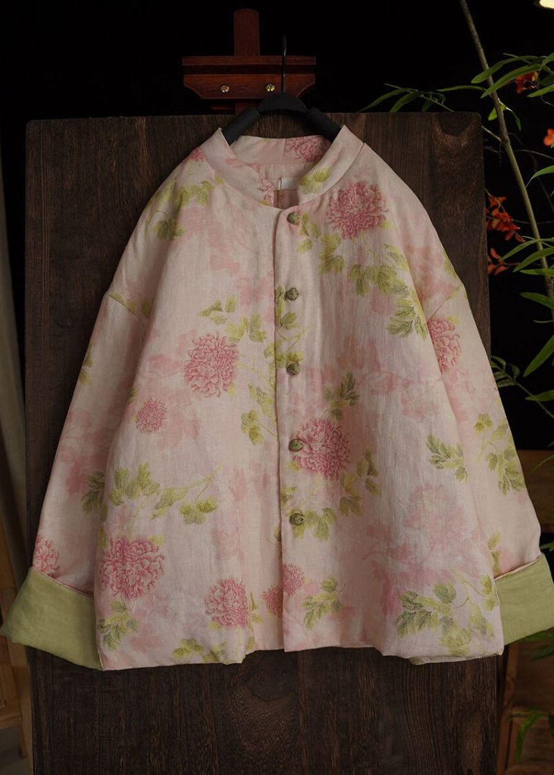 Vintage Pink O-hals Print Fine Bomuldsfyldte Frakker Lange Ærmer