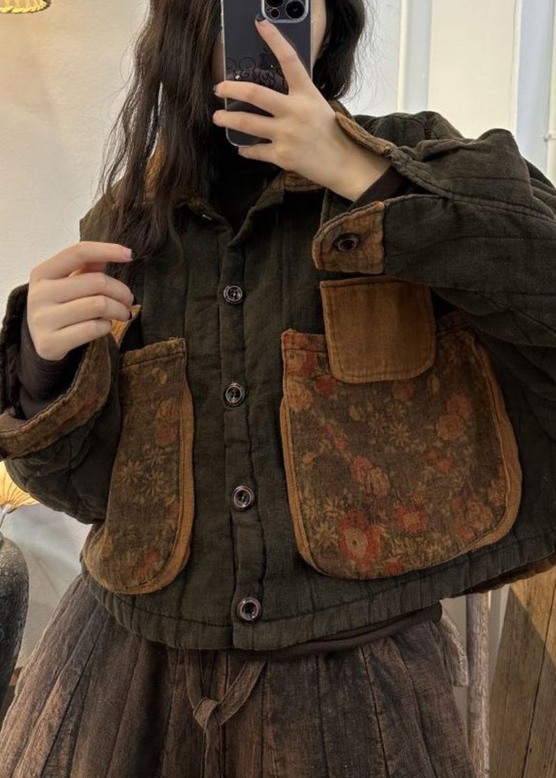 Vintage Vinrøde Knaplommer Patchwork Bomuldsfrakker Efterår - Dame dunjakker