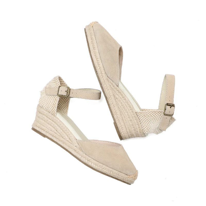 Ægte Åbne Solide Sandaler Til Kvinder Elastisk Afslappet Sandal - 45Cm Beige Læder