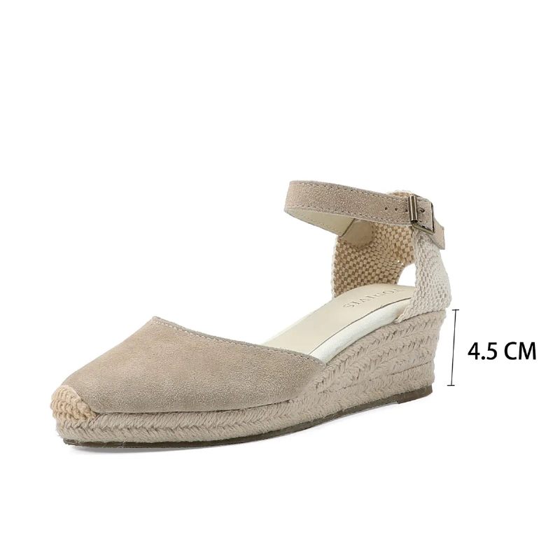 Ægte Åbne Solide Sandaler Til Kvinder Elastisk Afslappet Sandal - 45Cm Beige Læder