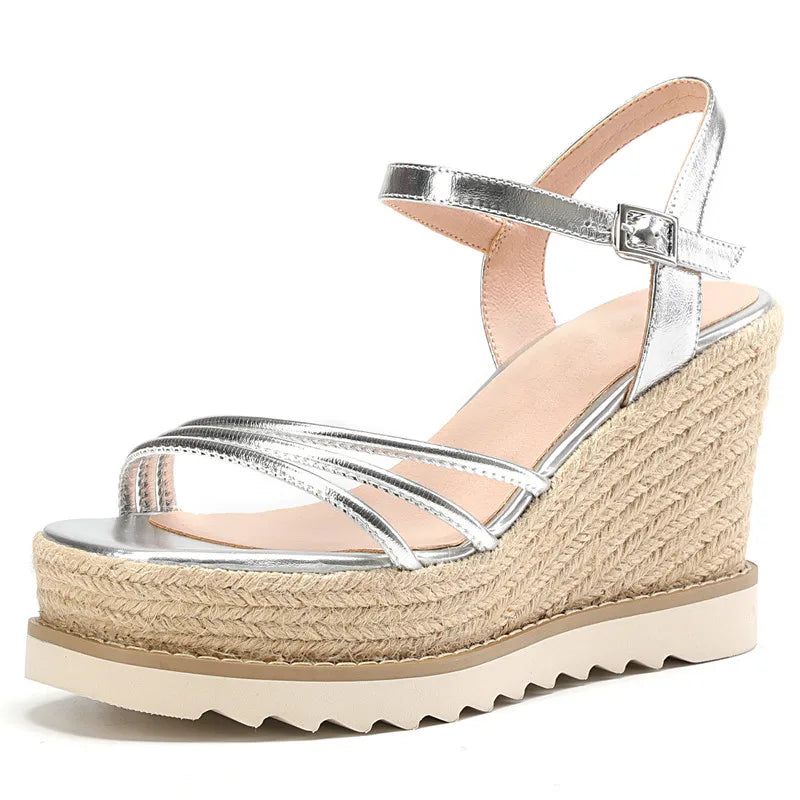 Dame Casual Spænde Sandaler Kvinder Syntetisk Platform Sommer Sko Kiler Højhælede - Sølv