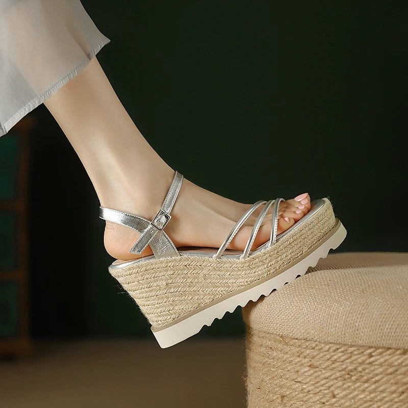 Dame Casual Spænde Sandaler Kvinder Syntetisk Platform Sommer Sko Kiler Højhælede - Sølv