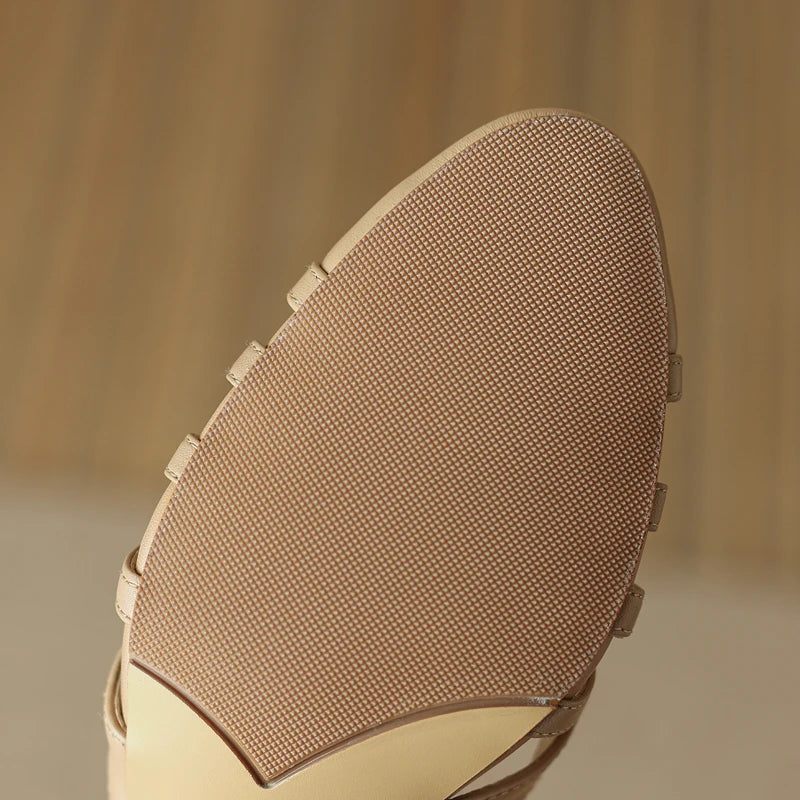 Damesandaler Sommer Ægte Læder Lave Hæle Gladiator Flip Flops Casual - Abrikos