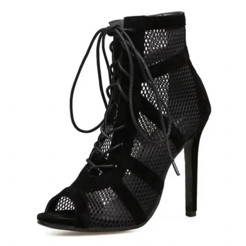 Damesandaler Sommer Mesh Høje Hæle Sandaler Dame Sort Salsa Tango Sko Damesko - Sort