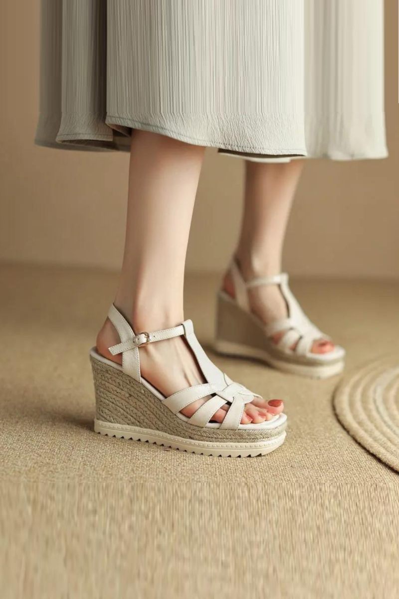 Platforme Kvinder Sandaler Kile Højhælet Ægte Læder Stil Casual Udendørs Sko Kvinde Sommer