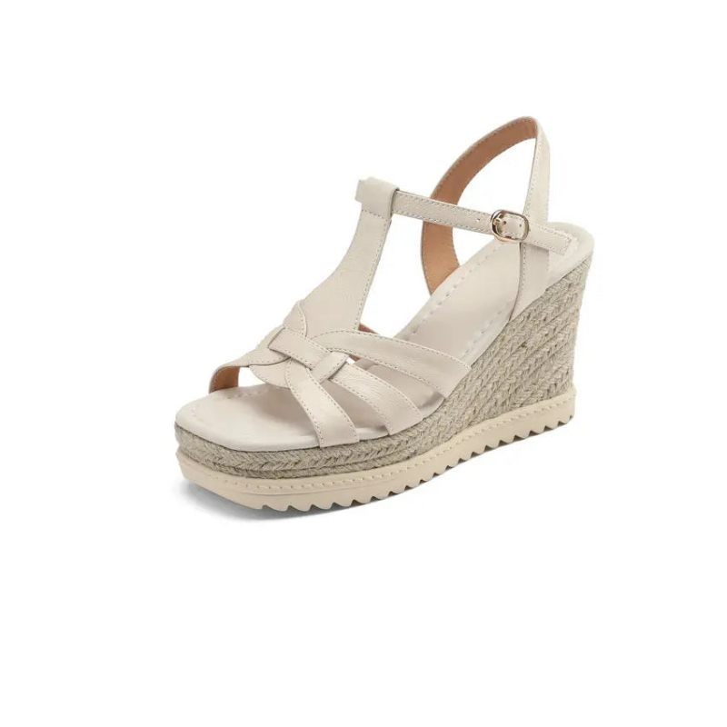 Platforme Kvinder Sandaler Kile Højhælet Ægte Læder Stil Casual Udendørs Sko Kvinde Sommer - Beige