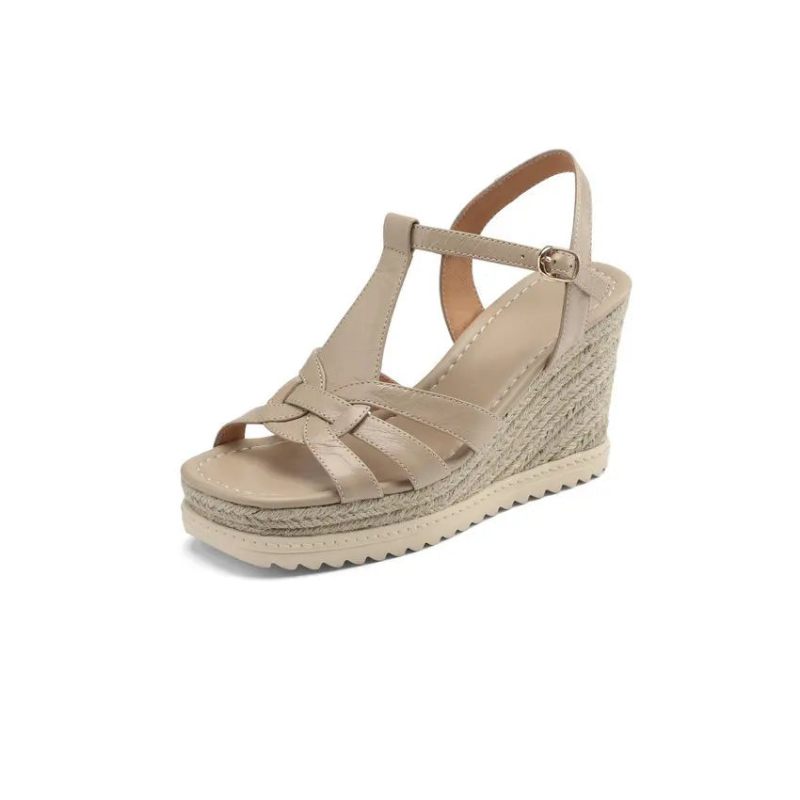 Platforme Kvinder Sandaler Kile Højhælet Ægte Læder Stil Casual Udendørs Sko Kvinde Sommer - Beige