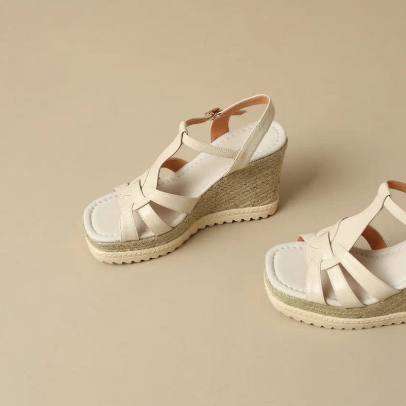 Platforme Kvinder Sandaler Kile Højhælet Ægte Læder Stil Casual Udendørs Sko Kvinde Sommer - Beige