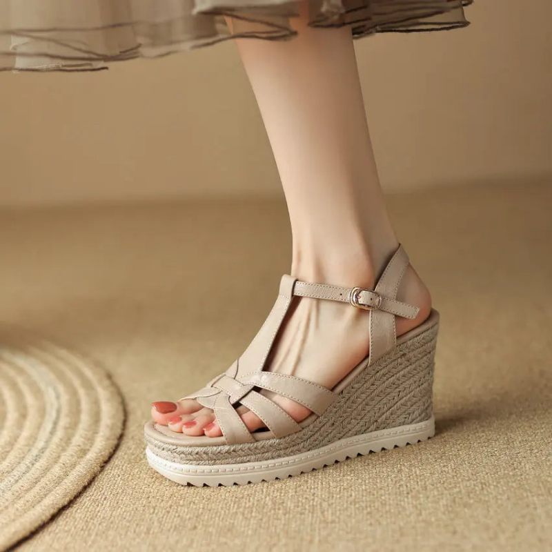 Platforme Kvinder Sandaler Kile Højhælet Ægte Læder Stil Casual Udendørs Sko Kvinde Sommer - Beige