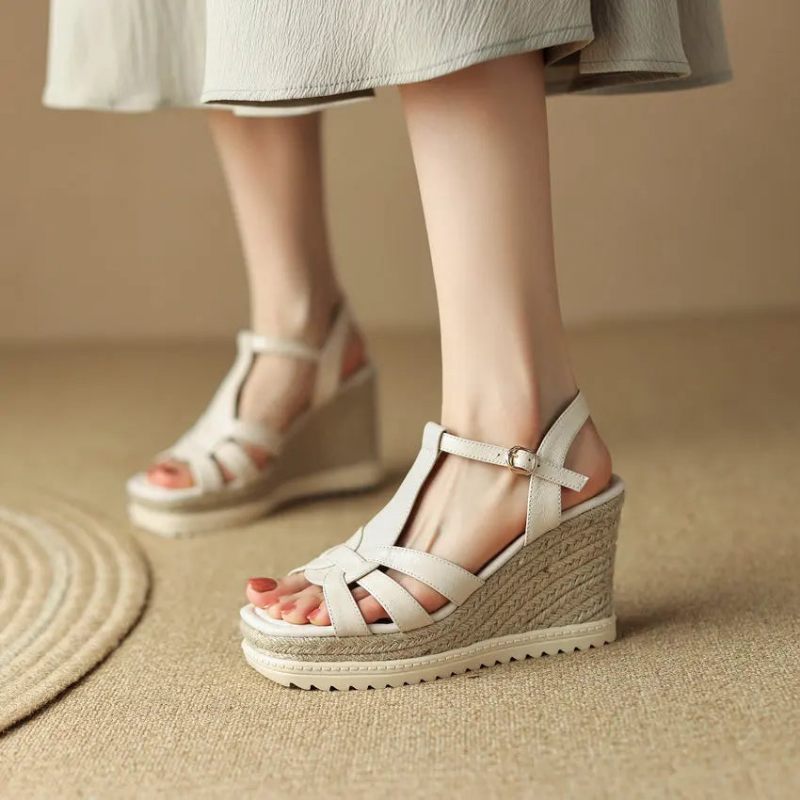 Platforme Kvinder Sandaler Kile Højhælet Ægte Læder Stil Casual Udendørs Sko Kvinde Sommer - Beige