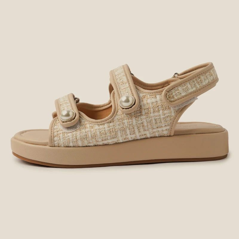 Sandaler Kvinder Sommer Ægte Læder Bead Flats Sko Til Lavhælede Platform Casuals - Elfenben