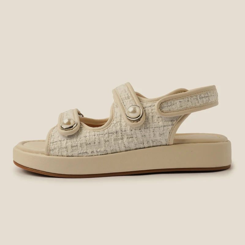 Sandaler Kvinder Sommer Ægte Læder Bead Flats Sko Til Lavhælede Platform Casuals - Elfenben