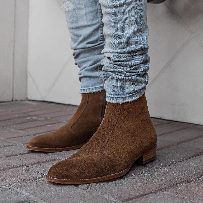Chelsea Boots Mænd Solid Lav Hæl Side Lynlås Støvler Professionelle Klassiske Denim - Brun