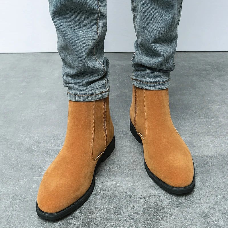 Chelsea Boots Mænd Solid Lav Hæl Side Lynlås Støvler Professionelle Klassiske Denim - Brun