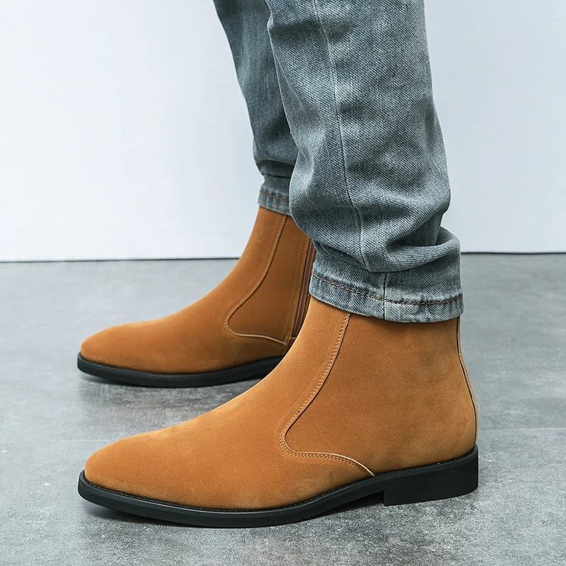 Chelsea Boots Mænd Solid Lav Hæl Side Lynlås Støvler Professionelle Klassiske Denim - Brun