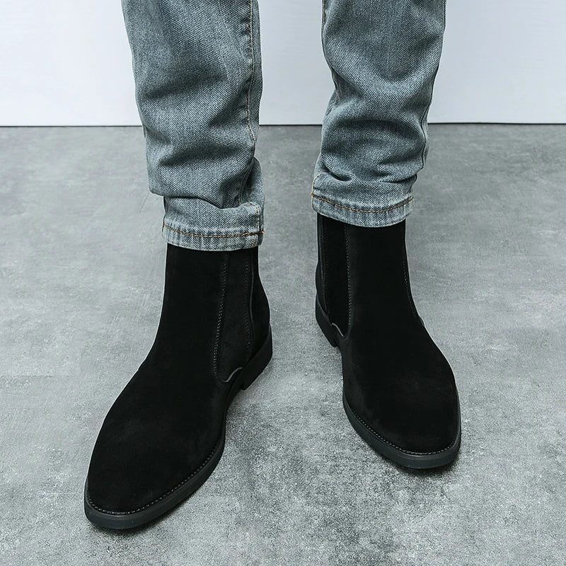Chelsea Boots Mænd Solid Lav Hæl Side Lynlås Støvler Professionelle Klassiske Denim - Brun