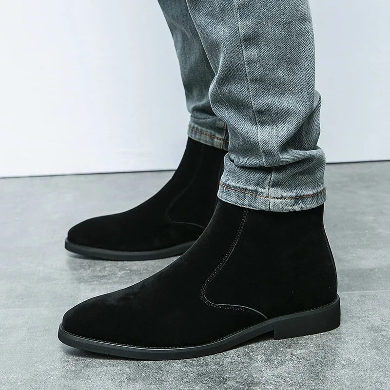 Chelsea Boots Mænd Solid Lav Hæl Side Lynlås Støvler Professionelle Klassiske Denim - Brun