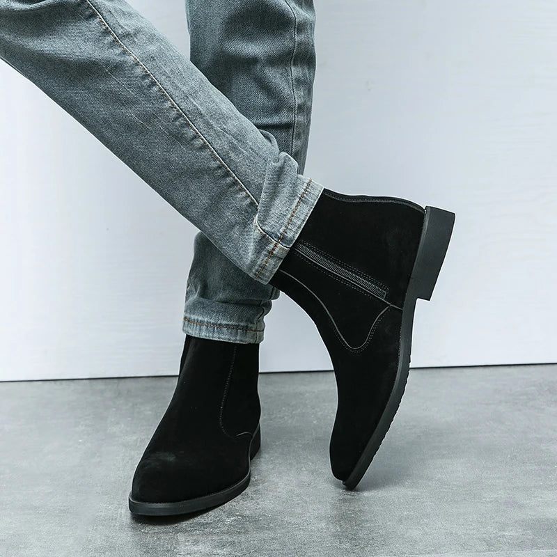 Chelsea Boots Mænd Solid Lav Hæl Side Lynlås Støvler Professionelle Klassiske Denim - Brun