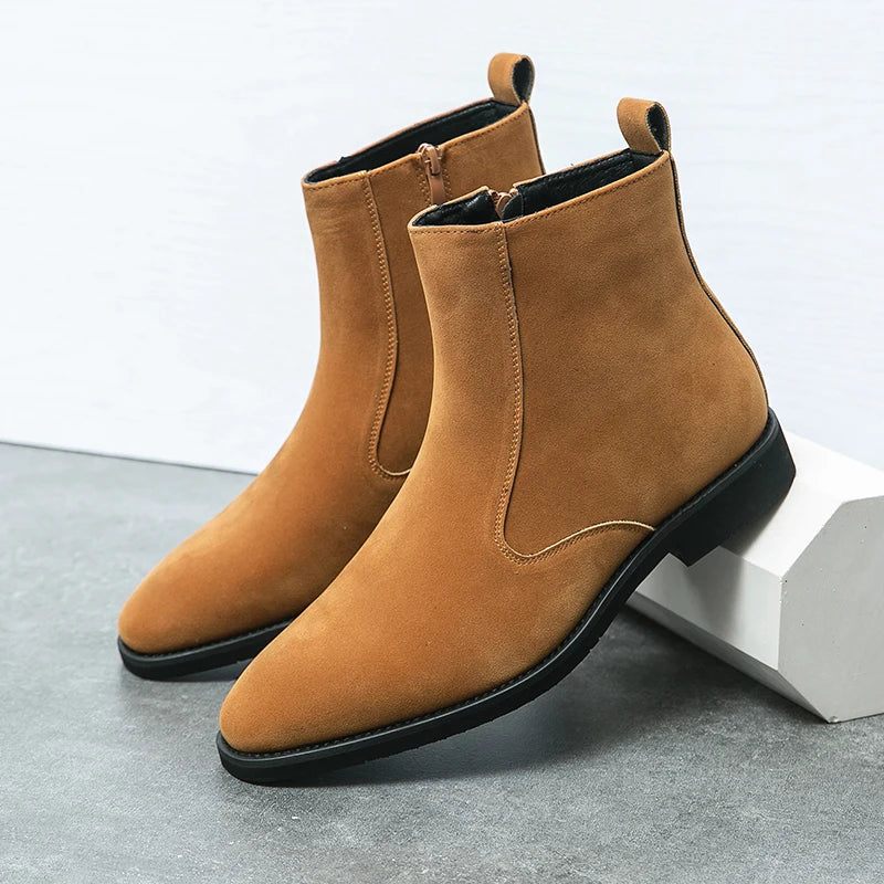 Chelsea Boots Mænd Solid Lav Hæl Side Lynlås Støvler Professionelle Klassiske Denim - Brun