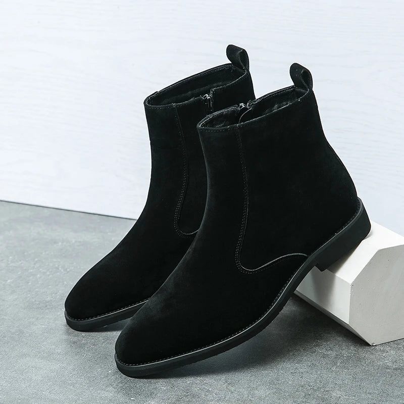 Chelsea Boots Mænd Solid Lav Hæl Side Lynlås Støvler Professionelle Klassiske Denim - Brun