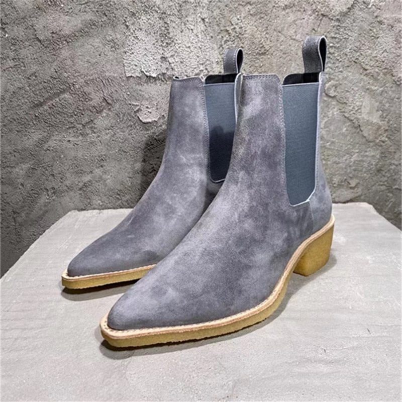 Håndlavet Ruskind Læder Sole Boots Desert Højhælede Kile Mænd - Grå