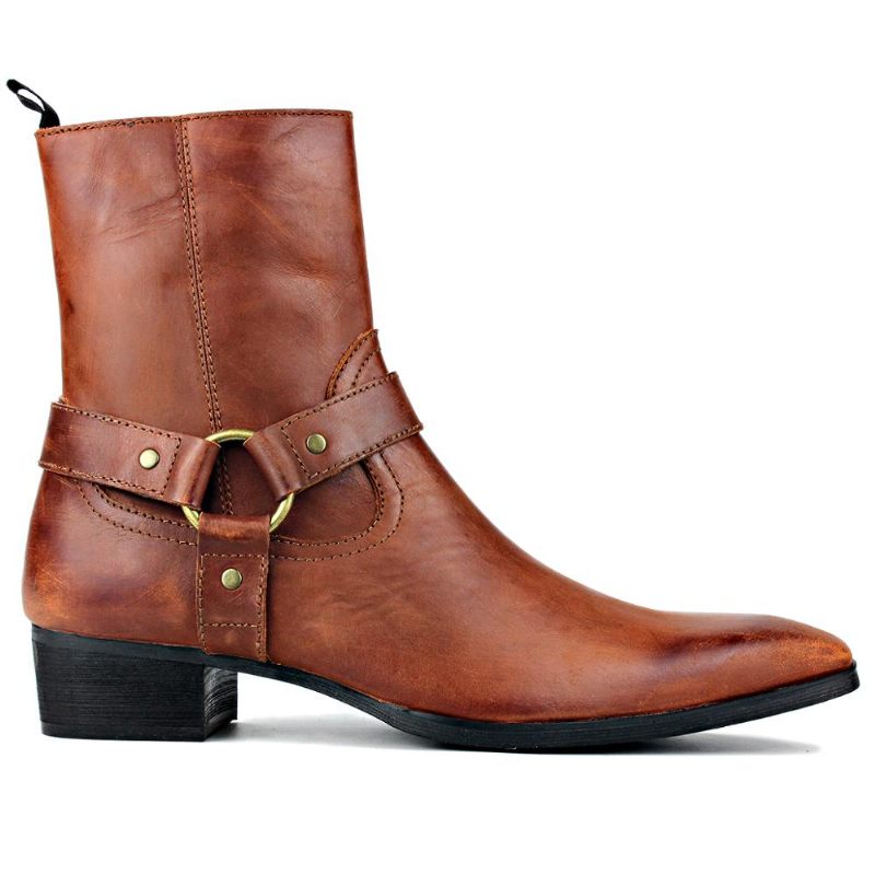 Herrestøvler Ægte Lædersko Ankel Lynlås Motorcykelstøvler Chelsea Boots Klassiske Kalveskindssko Højhælede Støvler - Brun