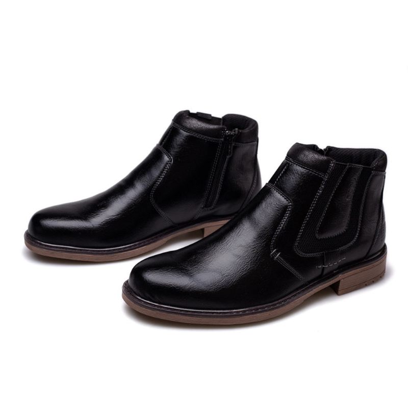 Mænd Støvler Læder Efterår Vinter Vintage Style Ankel Kort Chelsea Boot Man Fodtøj - Sort