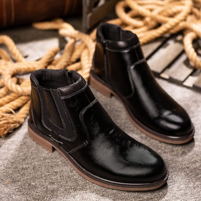 Mænd Støvler Læder Efterår Vinter Vintage Style Ankel Kort Chelsea Boot Man Fodtøj - Sort