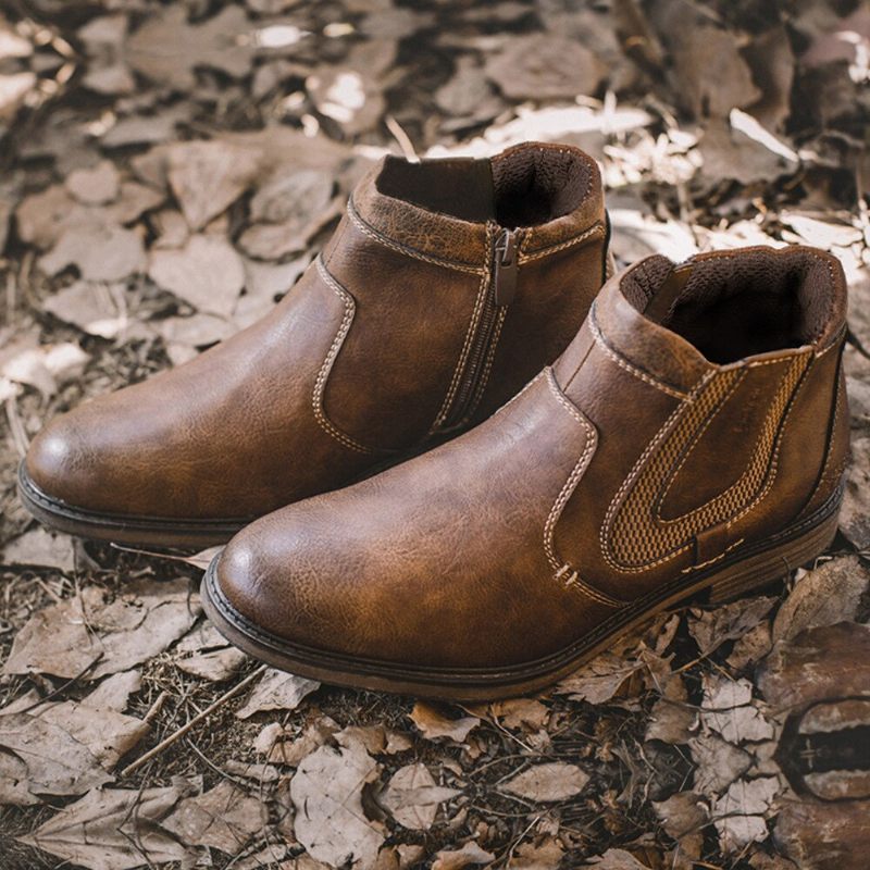 Mænd Støvler Læder Efterår Vinter Vintage Style Ankel Kort Chelsea Boot Man Fodtøj - Sort