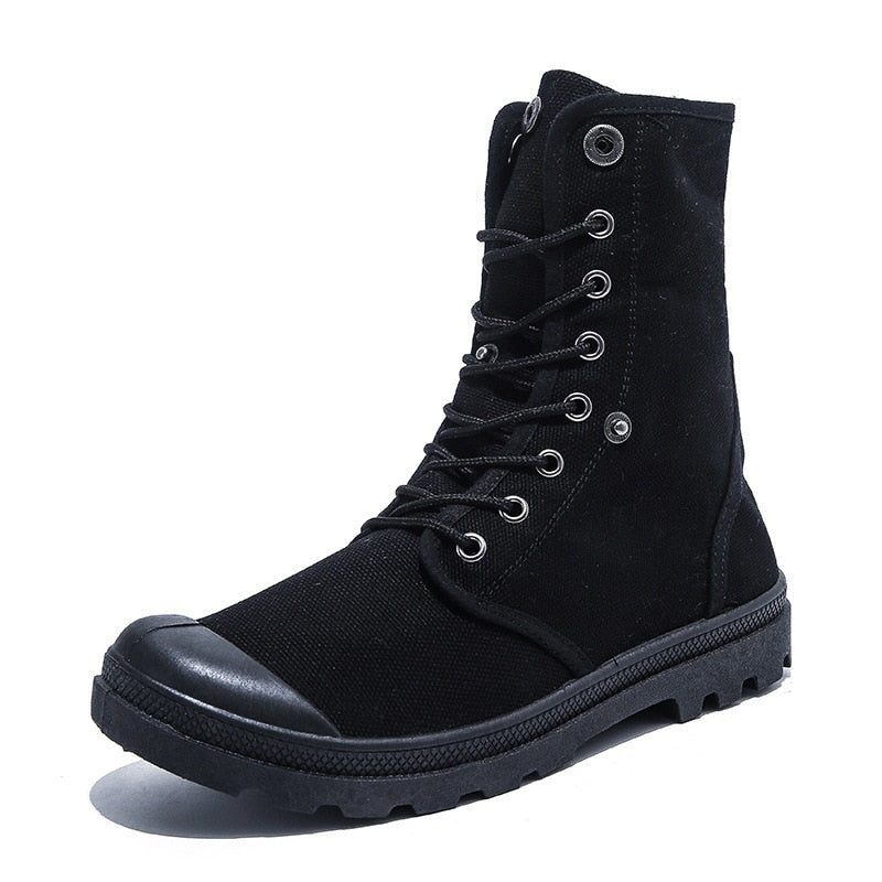 Mænd Udendørs Sko Støvler Tykke Soled High Top Canvas Sko Flanging Sneakers - Sort